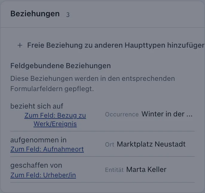 Beziehungen-Karte mit bestehenden Verknüpfungen eines Objekts.