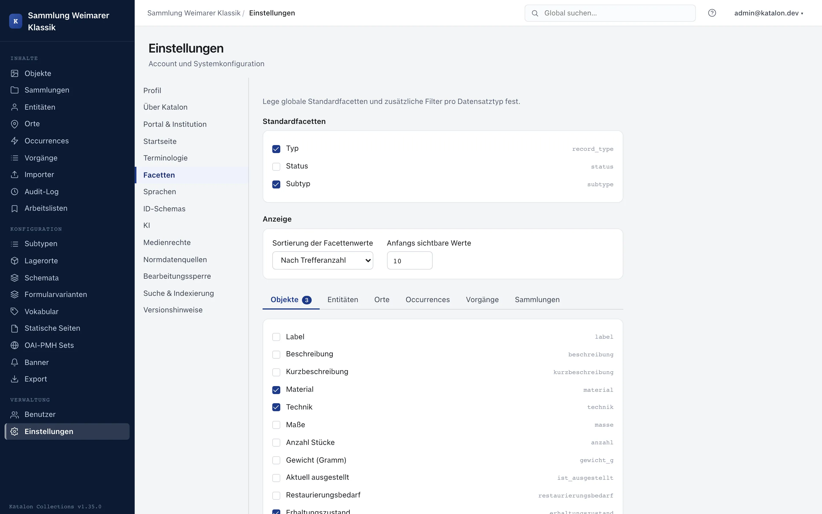Konfiguration der Suchfacetten pro Datensatztyp in den Admin-Einstellungen