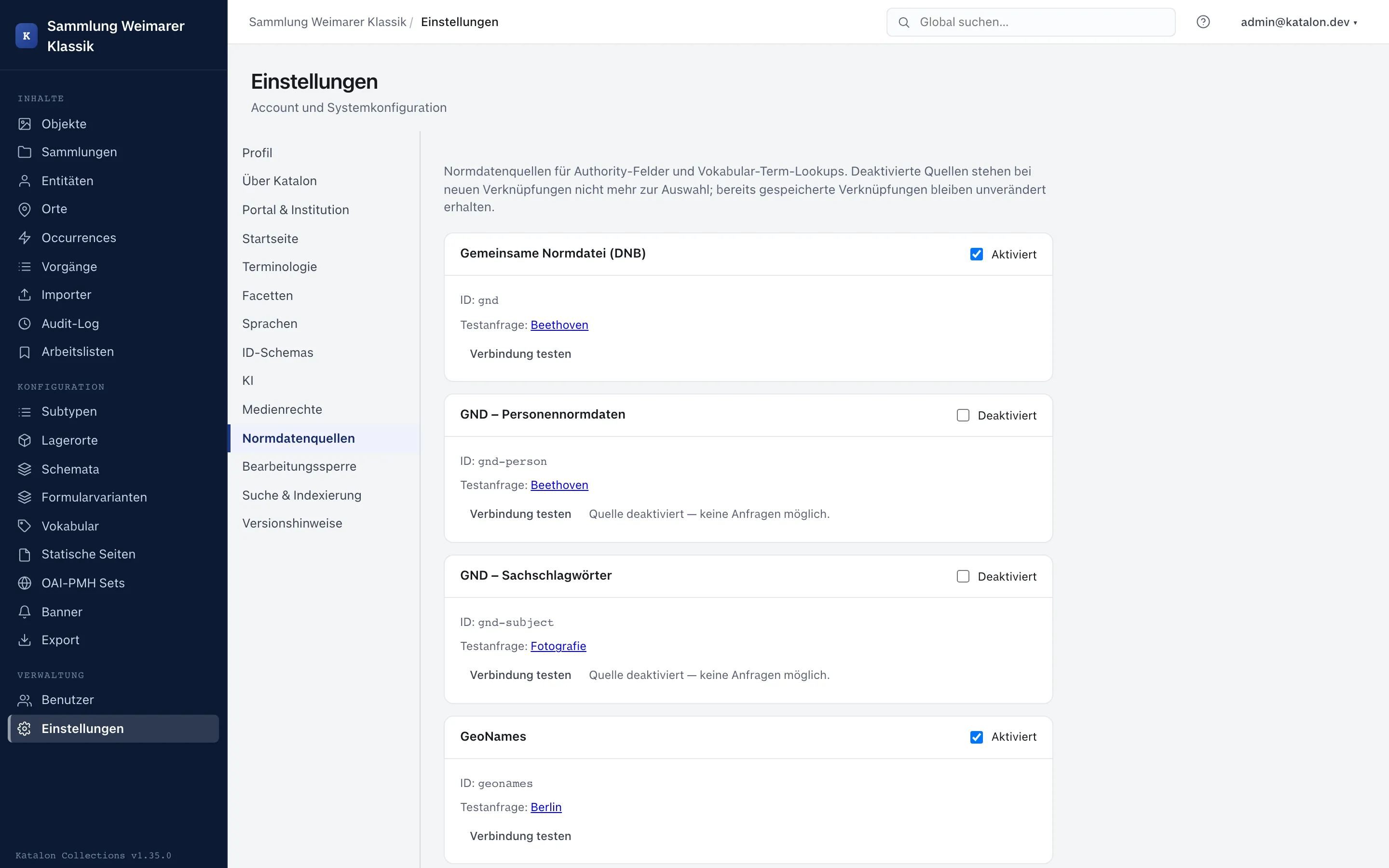 Übersicht und Konfiguration der externen Normdatenquellen in den Admin-Einstellungen