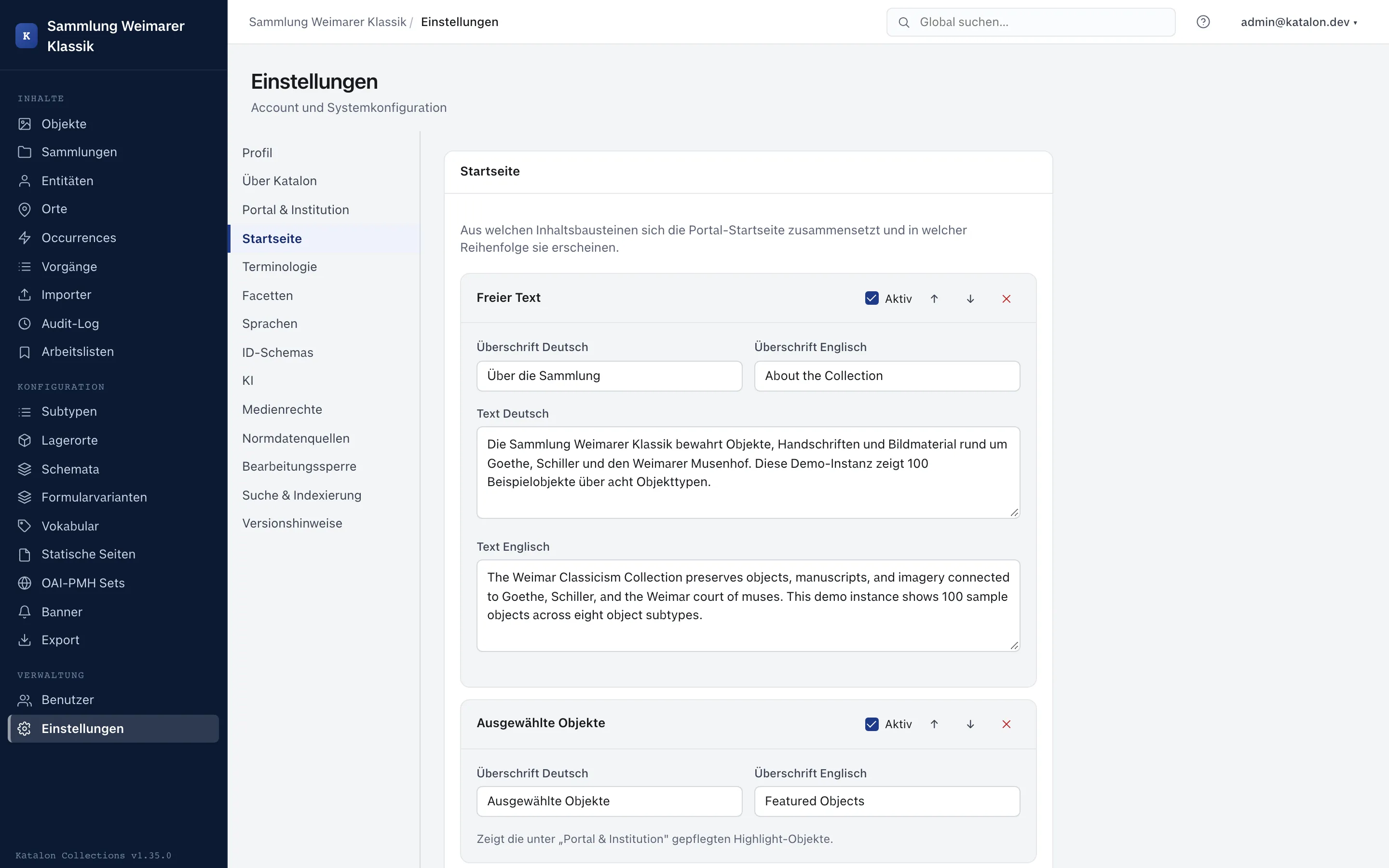 Modulare Konfiguration der Portal-Startseite mit sortierbaren Inhaltsbausteinen